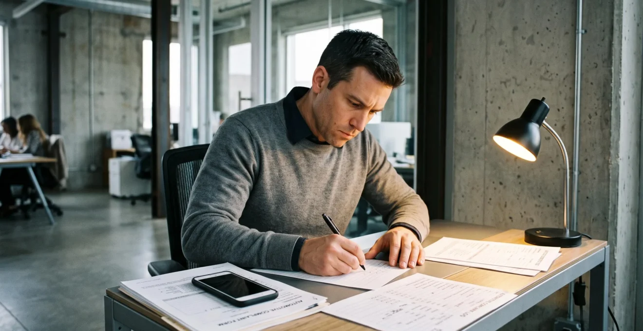 Personne rédigeant une réclamation automobile avec documents administratifs sur un bureau moderne