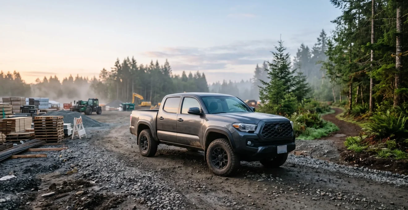 Pick-up moderne au lever du jour, positionné entre un chantier professionnel et un paysage naturel de week-end, symbolisant sa double vocation