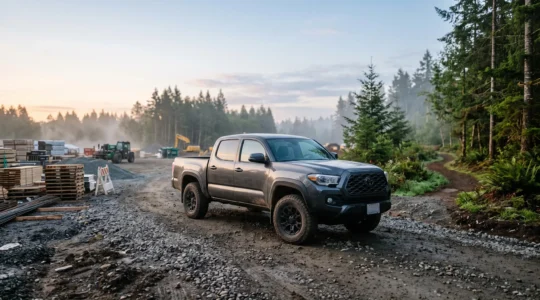 Pick-up moderne au lever du jour, positionné entre un chantier professionnel et un paysage naturel de week-end, symbolisant sa double vocation