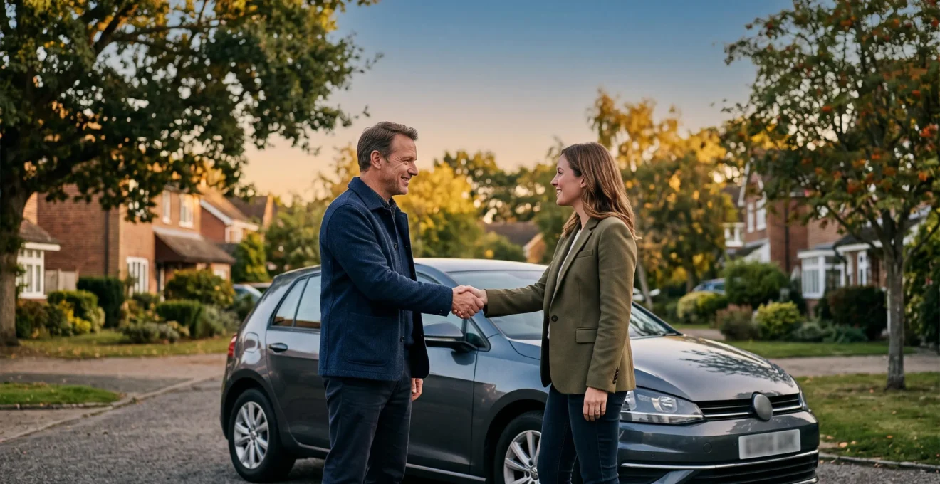 Un acheteur et un vendeur se serrent la main devant une voiture d'occasion, symbolisant une transaction sécurisée entre particuliers