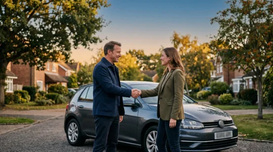 Un acheteur et un vendeur se serrent la main devant une voiture d'occasion, symbolisant une transaction sécurisée entre particuliers