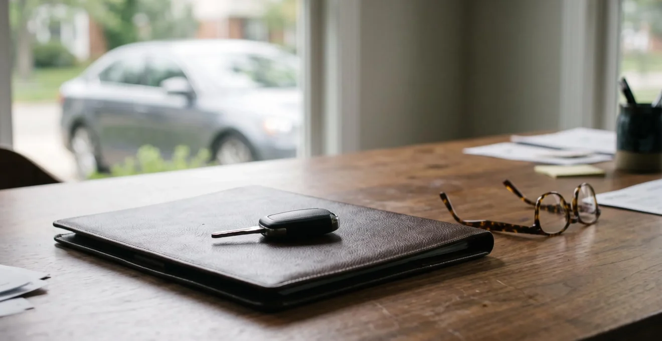 Main tenant une clé de voiture posée sur un dossier d'assurance fermé, symbole d'une indemnisation maîtrisée