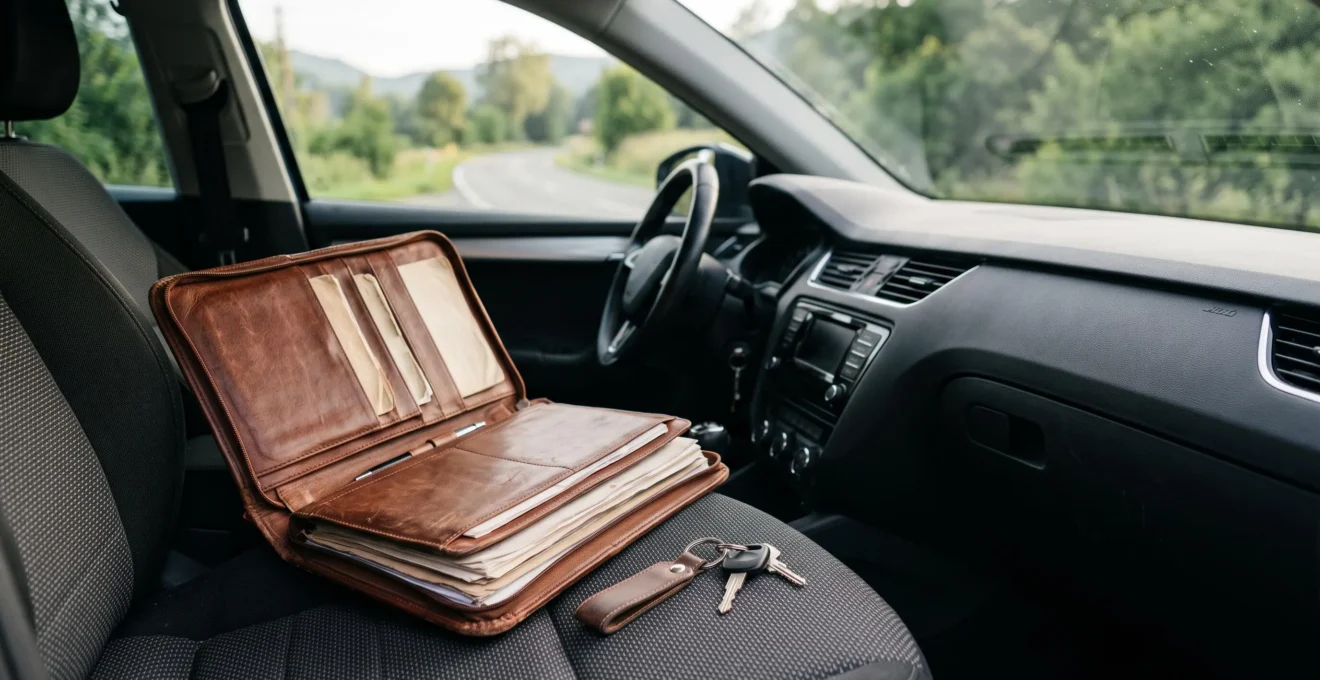 Porte-documents en cuir ouvert sur le tableau de bord d'une voiture avec des papiers rangés proprement