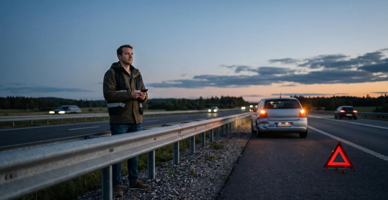 Automobiliste debout en sécurité derrière une glissière, triangle de signalisation visible au crépuscule après un accident de la route