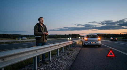 Automobiliste debout en sécurité derrière une glissière, triangle de signalisation visible au crépuscule après un accident de la route