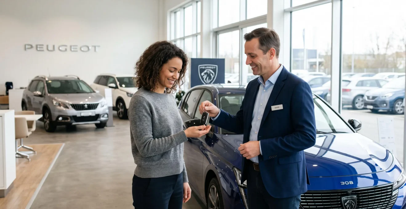 Vendeur professionnel remettant les clés d'un véhicule d'occasion à un acheteur dans une concession automobile moderne