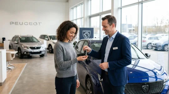 Vendeur professionnel remettant les clés d'un véhicule d'occasion à un acheteur dans une concession automobile moderne