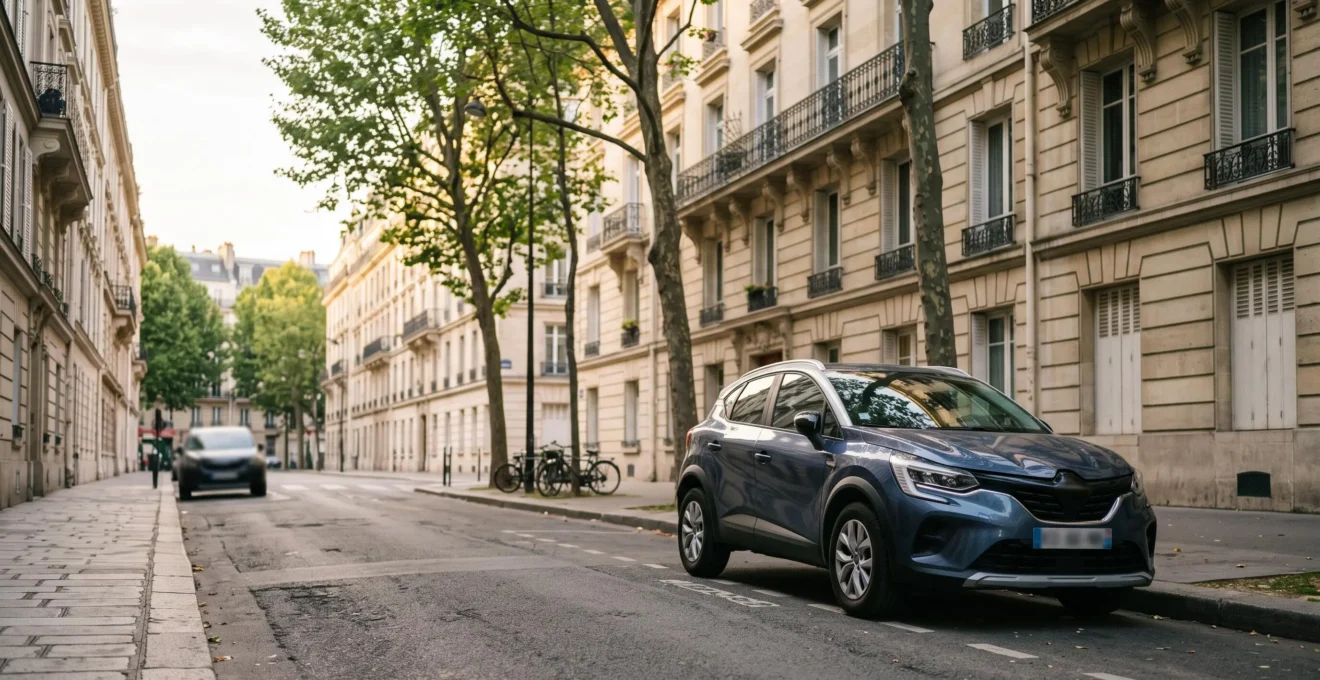 Berline moderne garée devant un immeuble résidentiel français au lever du jour, symbolisant un investissement locatif automobile rentable