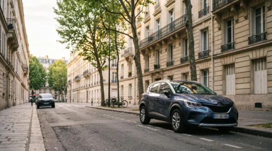 Berline moderne garée devant un immeuble résidentiel français au lever du jour, symbolisant un investissement locatif automobile rentable