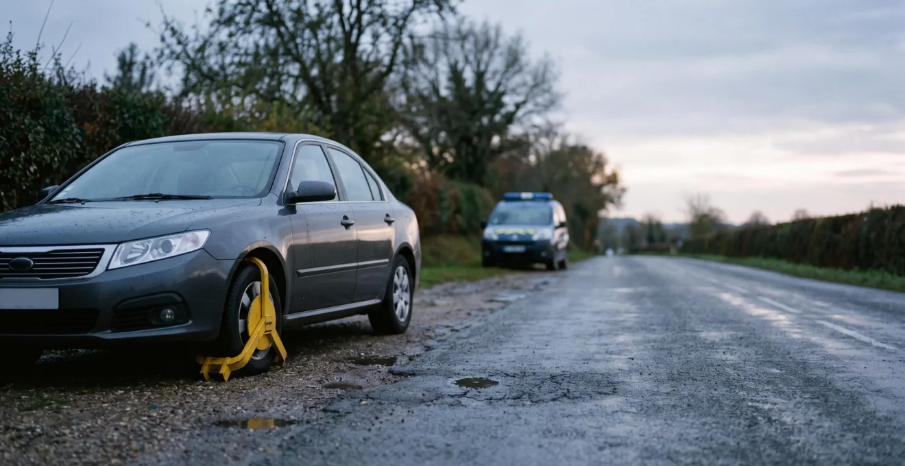 Voiture immobilisée sur le bord d'une route française lors d'un contrôle des forces de l'ordre, avec un sabot de blocage sur une roue