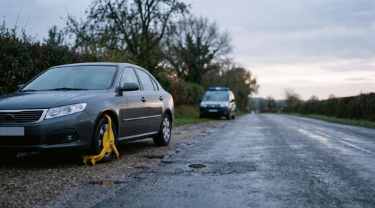 Voiture immobilisée sur le bord d'une route française lors d'un contrôle des forces de l'ordre, avec un sabot de blocage sur une roue