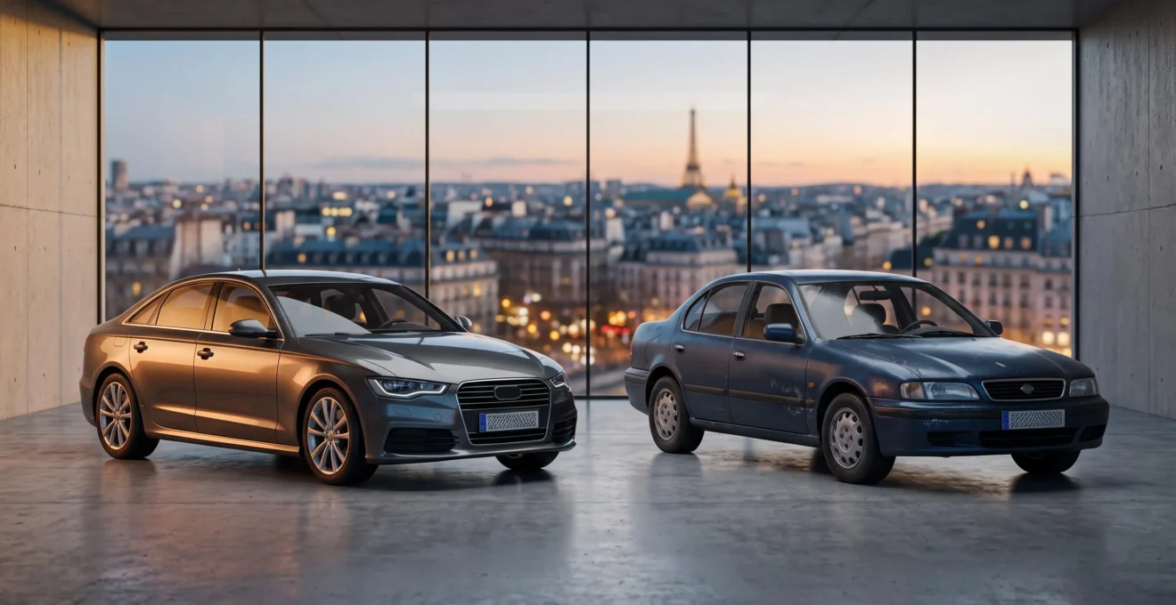 Voiture neuve et voiture d'occasion mises en parallele dans un cadre editorial symbolisant le choix financier sur 10 ans