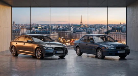 Voiture neuve et voiture d'occasion mises en parallele dans un cadre editorial symbolisant le choix financier sur 10 ans