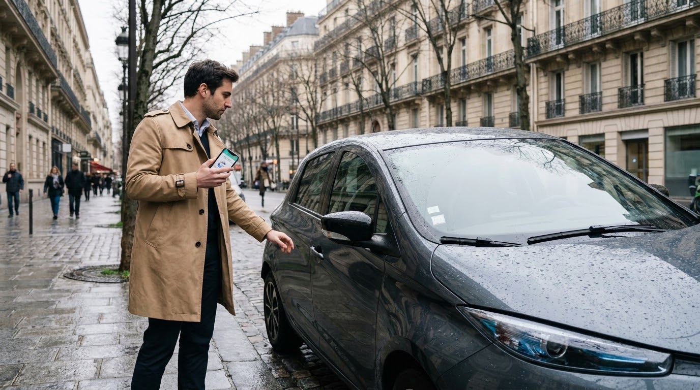 Une main déverrouille une voiture partagée avec un smartphone près de la portière.